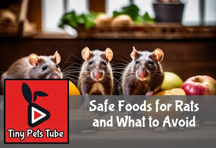 Rats explore safe foods on a wooden surface, one sniffs at separate unsafe items like chocolate and onion.