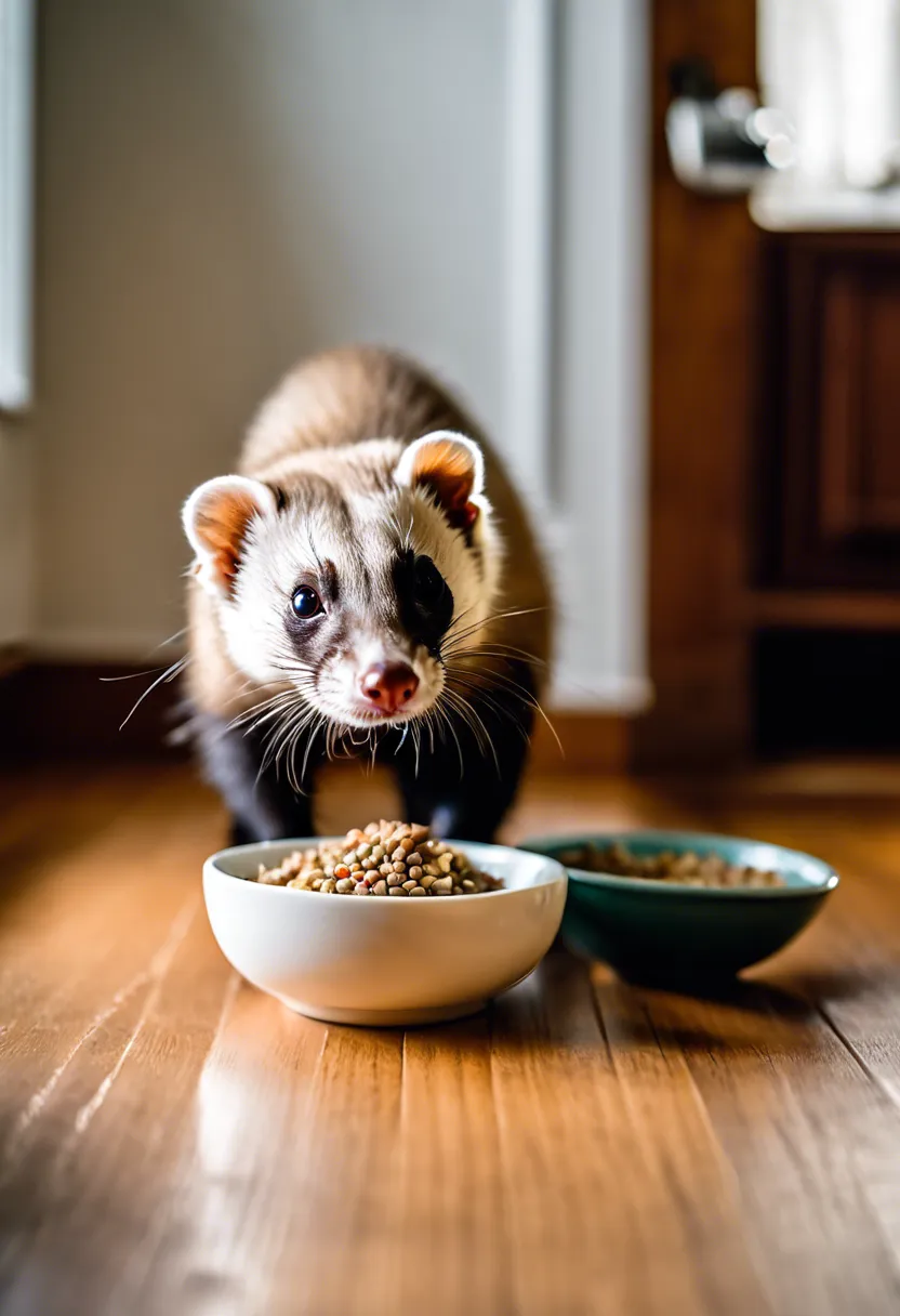 A curious ferret sniffs cautiously at a small bowl of tuna on the floor, reflecting its inquisitive nature.