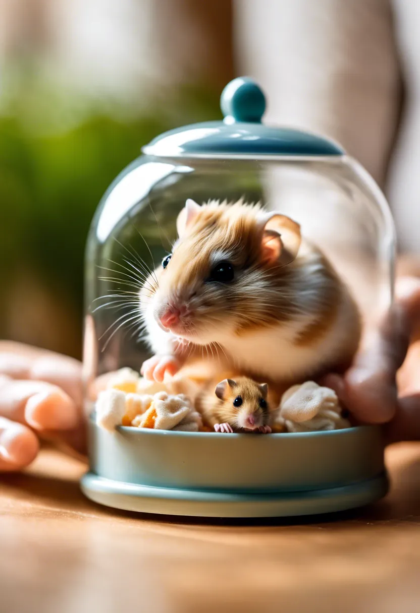 Hands gently placing a baby hamster into a cozy cage with bedding, water bottle, and toys under soft light.