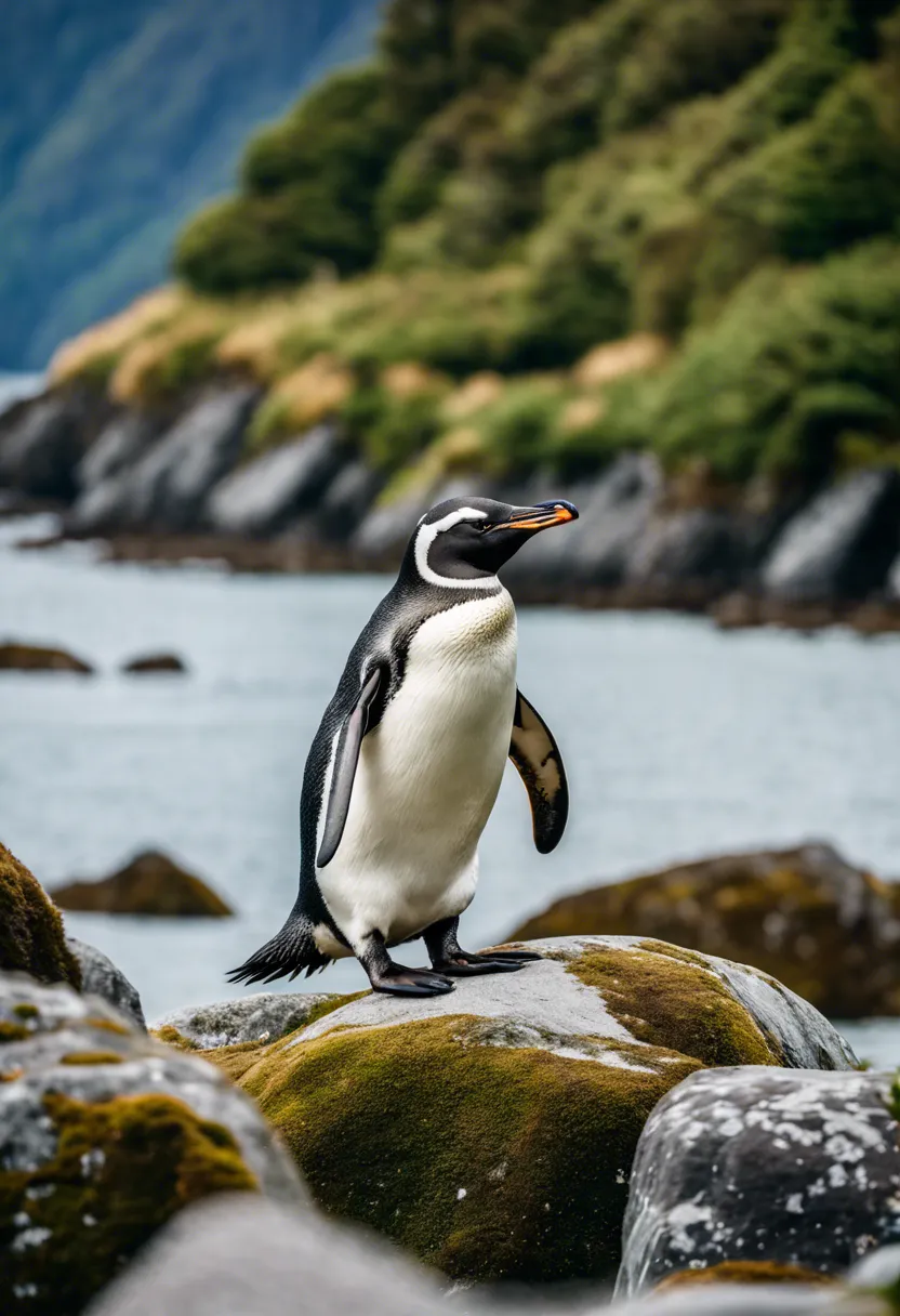 Fiordland penguin with thick blue-grey plumage on a rocky New Zealand fiord coastline, surrounded by lush greenery.
