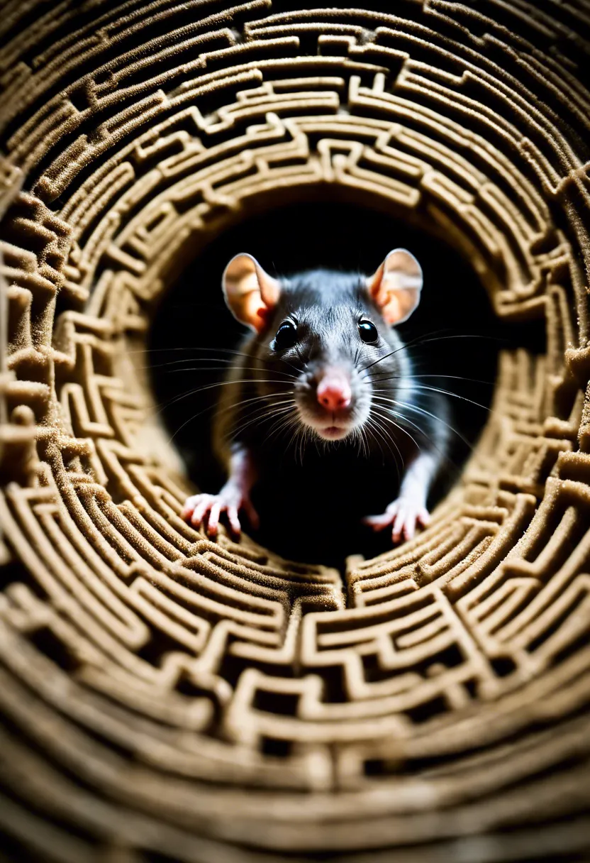 A rat with glowing eyes navigates a dimly lit maze in a controlled environment.