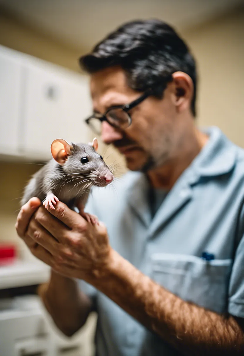 A concerned rat owner checks their pet's eyes and fur for signs of illness in a clean, well-lit room.