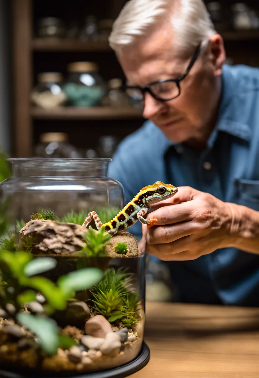 A gecko owner examines various types of gecko poop in a terrarium, highlighting health indicators.