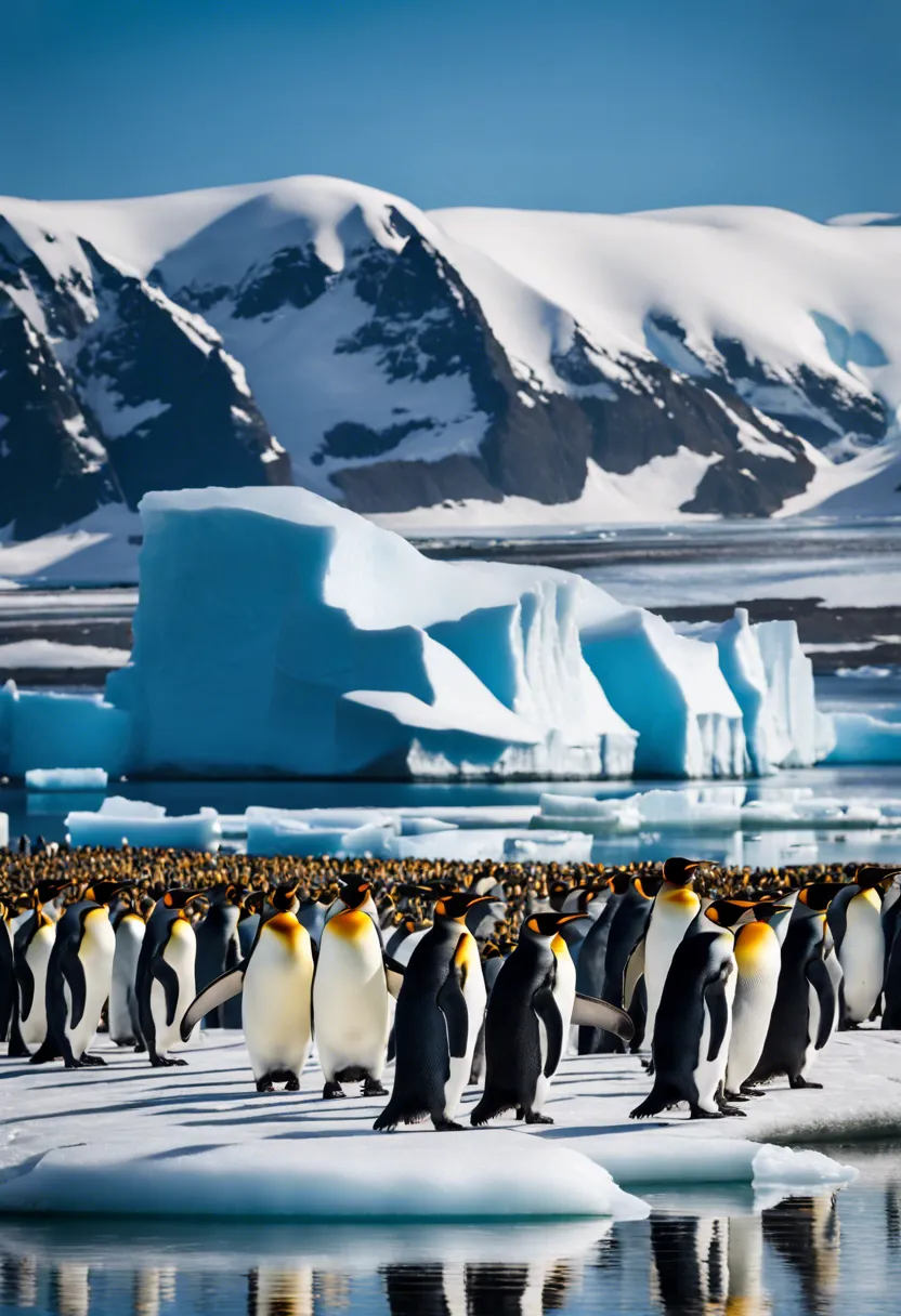 King Penguins on a remote icy shoreline with clear skies and icebergs in the background.
