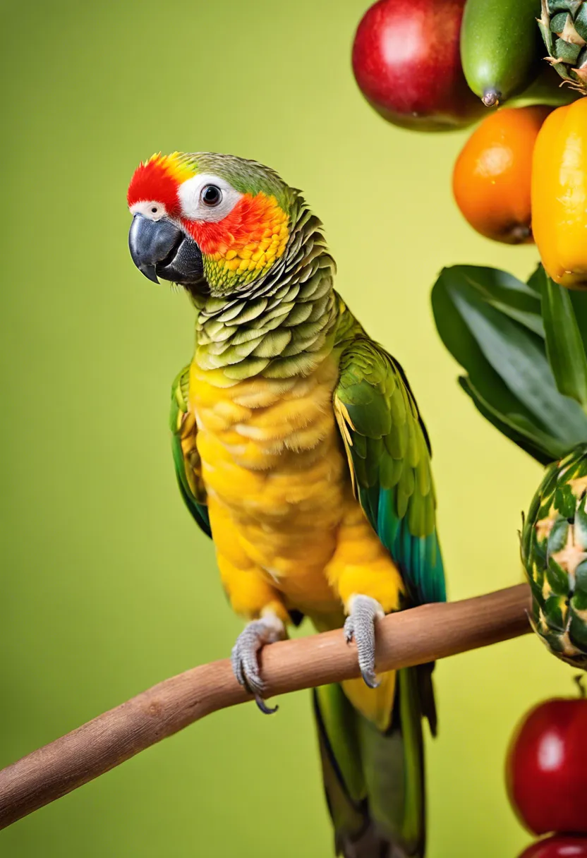 A vibrant Pineapple Green-Cheek Conure perched on a branch, surrounded by fruits and vegetables.