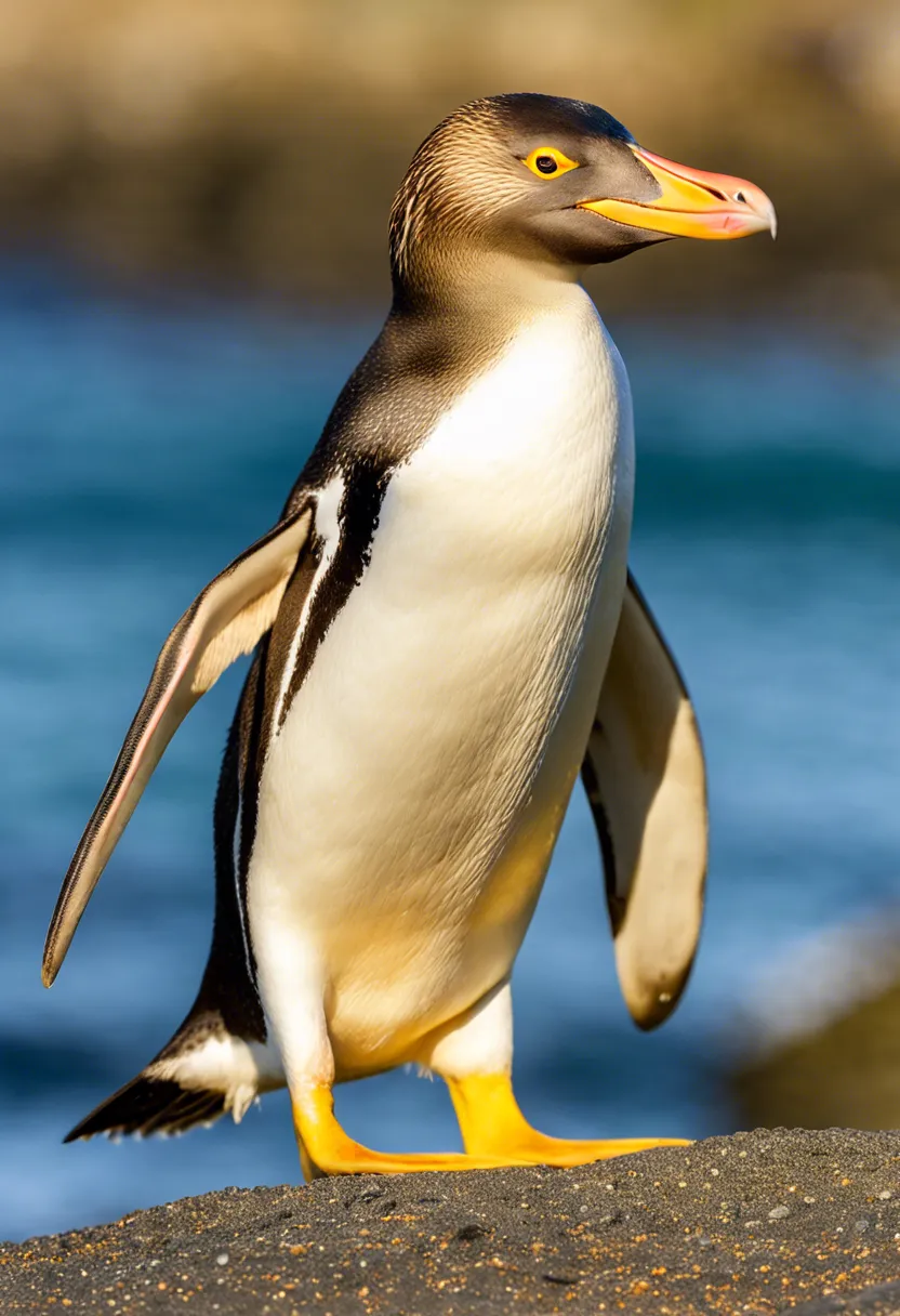 Yellow-Eyed Penguin on New Zealand coast, with distinct yellow eyes and head band, standing alert on rocks.