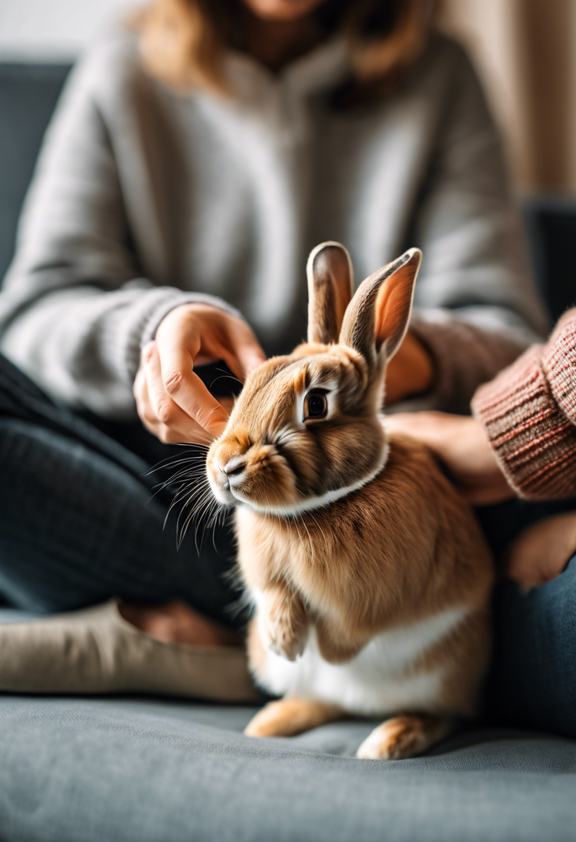 A gentle rabbit digs on a person's lap in a cozy living room, highlighting their bond.