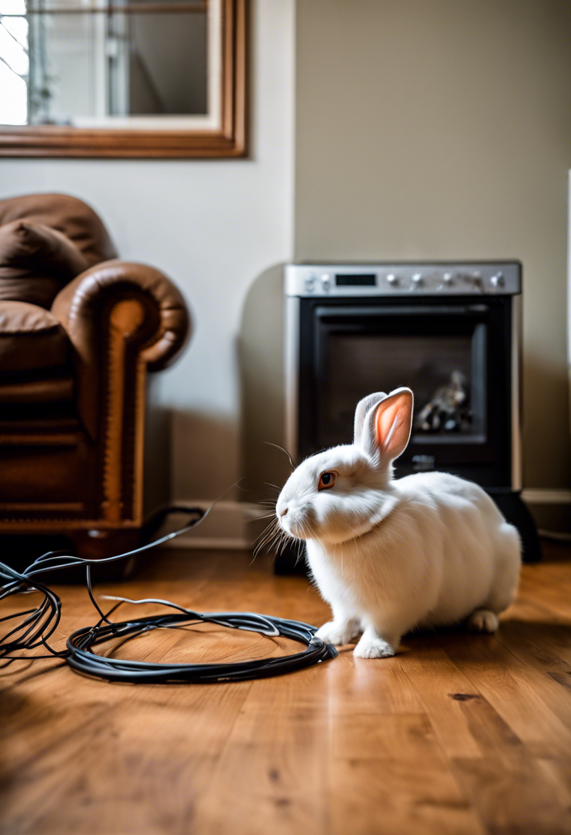 A pet rabbit gnaws on furniture and electrical wires in a household living room, highlighting potential damage.