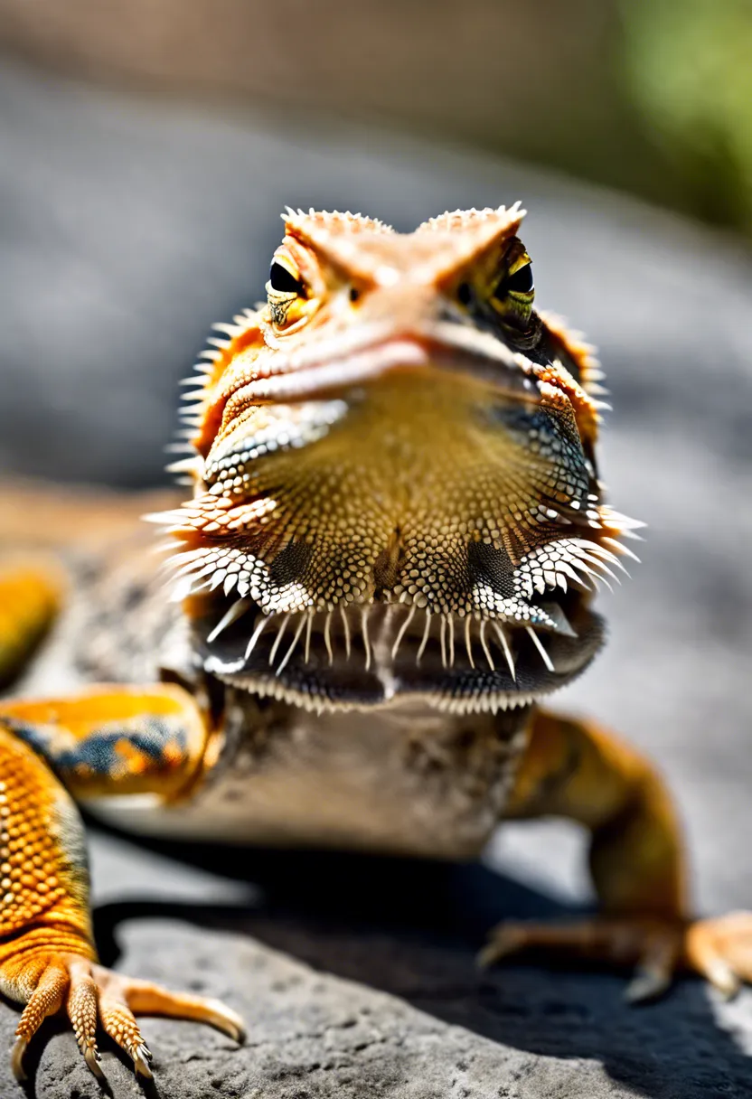 Close-up of a bearded dragon with slightly open mouth showing teeth, against a soft blurred background.