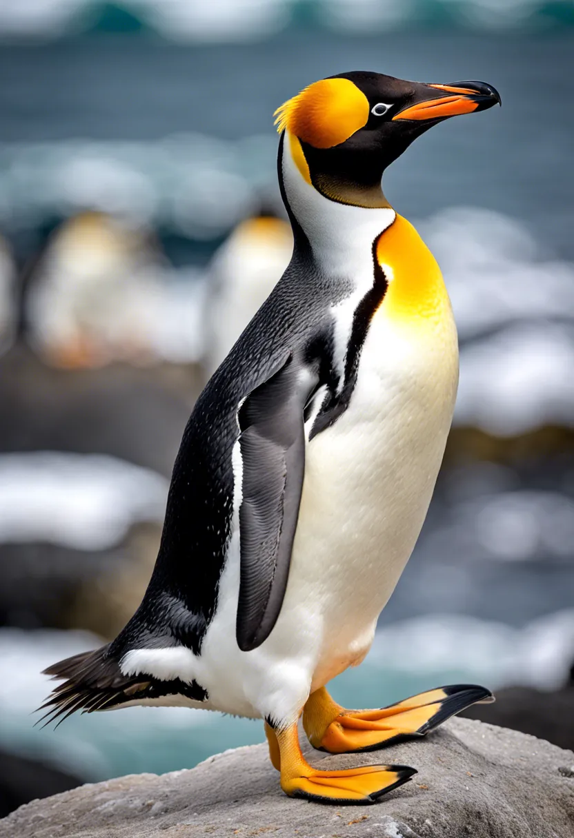 A royal penguin with yellow crest stands on an Antarctic shoreline, surrounded by its colony.