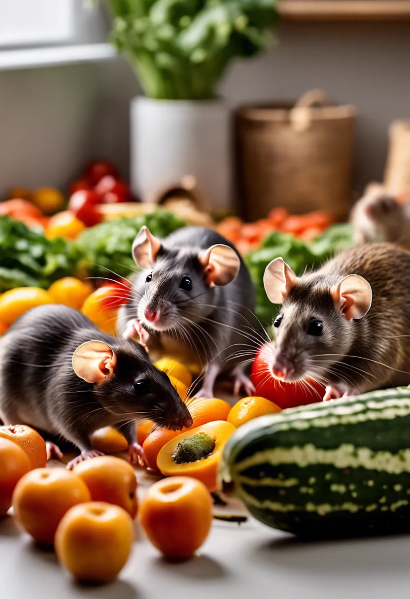 A group of rats explores and nibbles on scattered fruits and vegetables in a well-lit, safe enclosure.