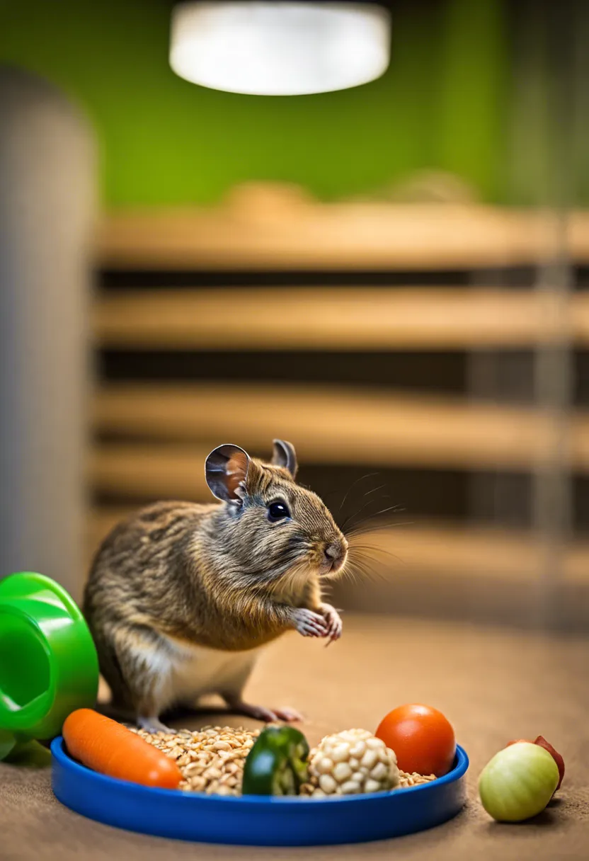 A degu actively engages with toys and eats a balanced meal in a clean, spacious enclosure with natural light.