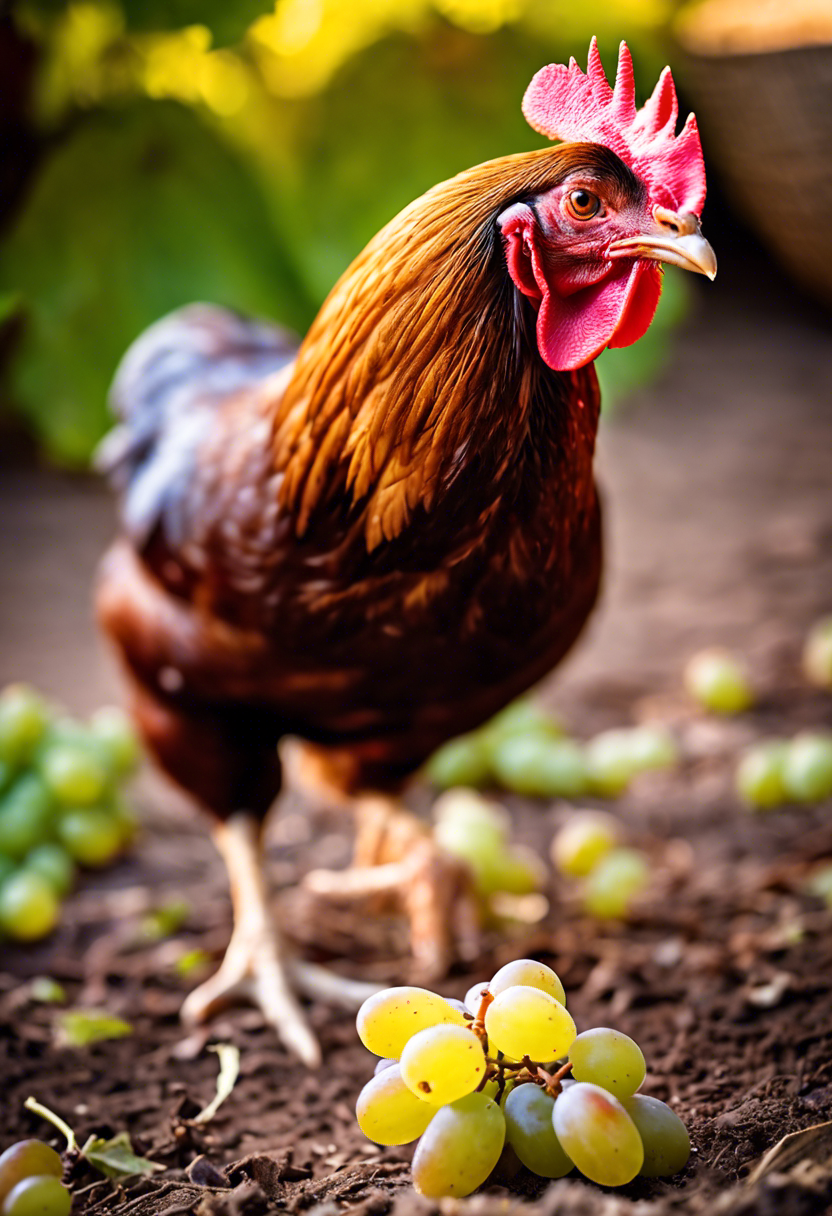 A curious chicken pecks at grapes on the ground in an outdoor farm setting, highlighted by soft light.