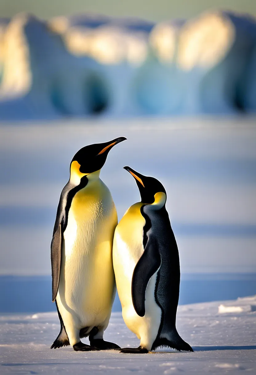 Two emperor penguins in Antarctica, one leaning towards the other against a backdrop of ice and soft sunlight.