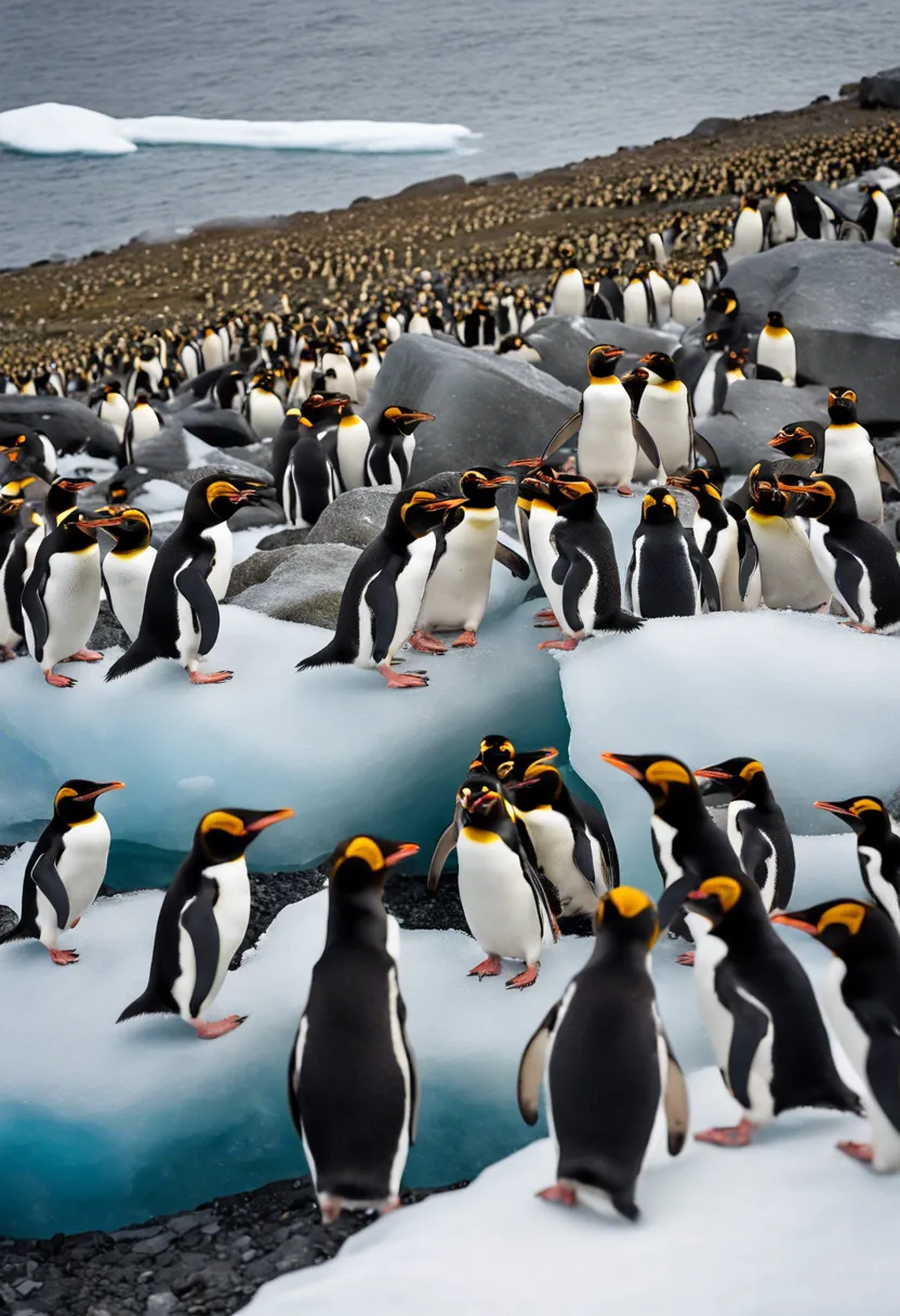 Macaroni Penguins on icy terrain; one tobogganing, another preening, and a group huddling for warmth.