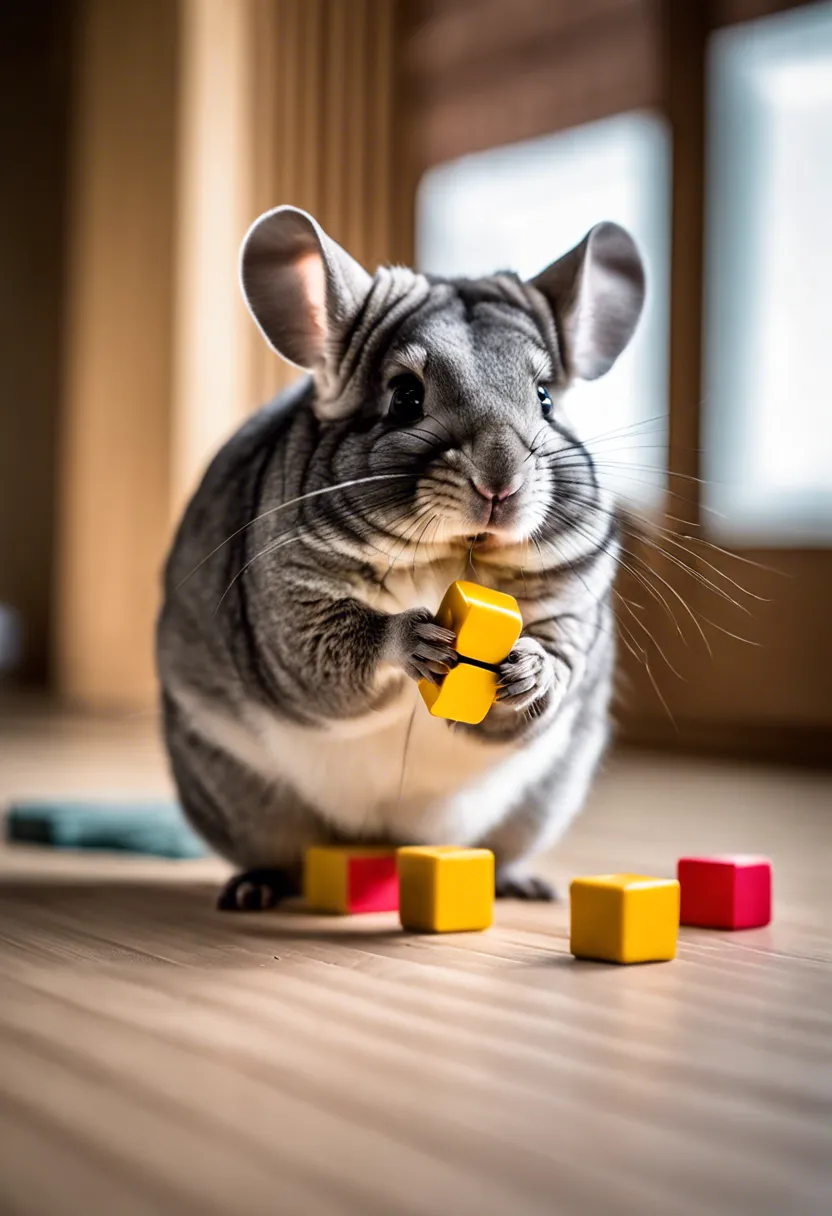 A chinchilla intently solves a puzzle toy, showcasing its intelligence in a cozy indoor setting.