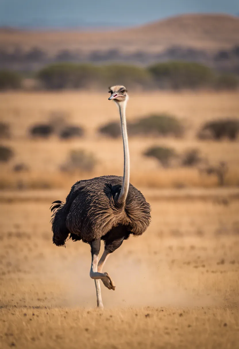 An ostrich runs swiftly across the savanna, its long legs blurring against the grassy background.