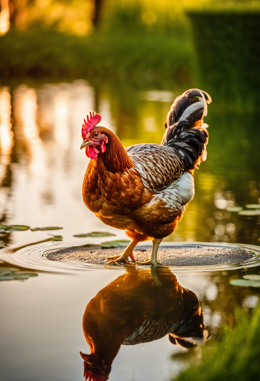 A curious chicken cautiously approaches a shallow pond's edge, its reflection visible in the water, during golden hour in a lush backyard.